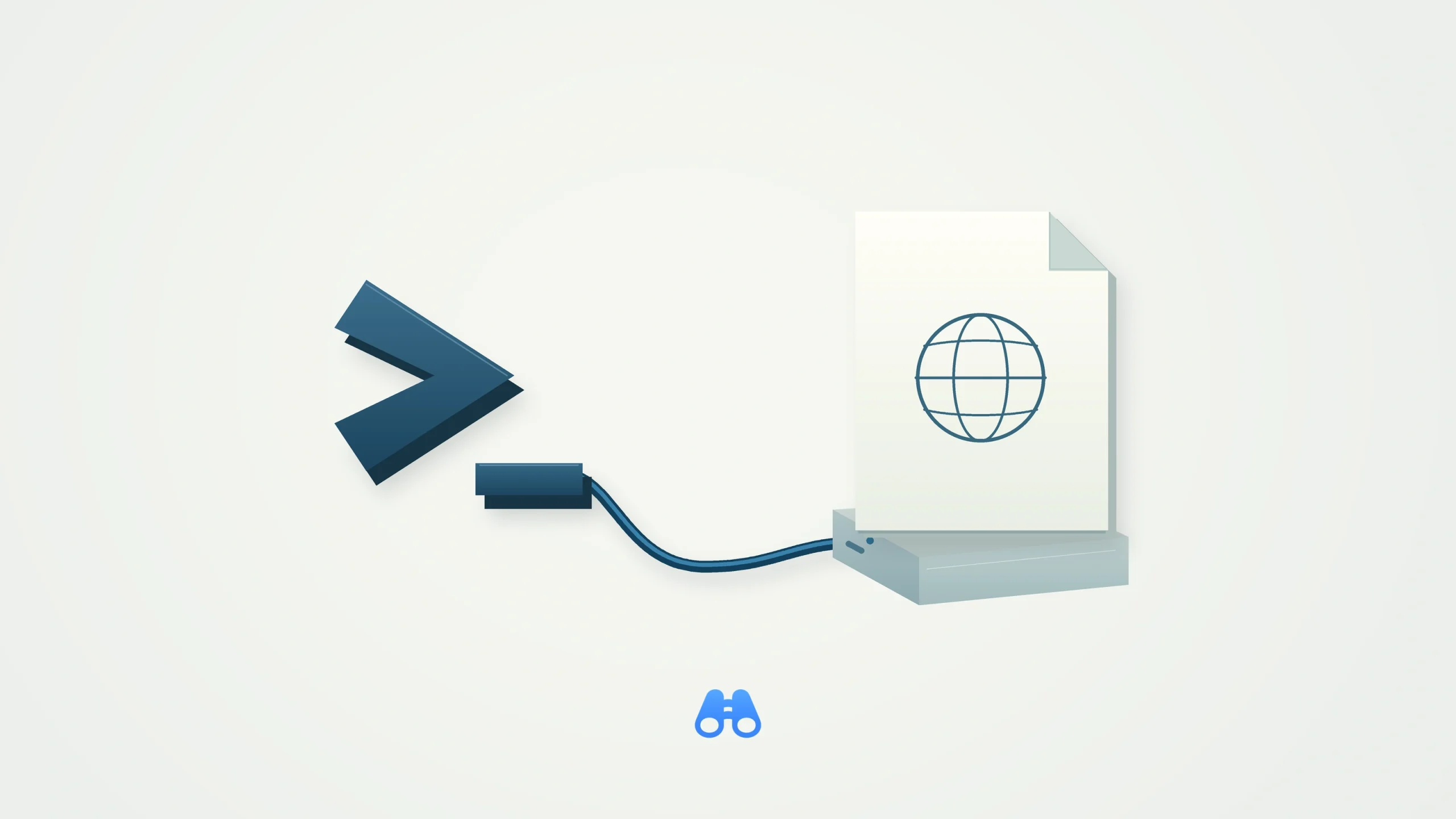 A dark blue terminal prompt connects through a blue cable to an ivory webpage standing above a small local server. The blue MacDigest binocular mark sits below.