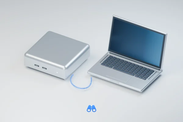 An unbranded silver compact desktop and laptop are associated by a segmented conceptual blue network path, with the authentic blue MacDigest binocular mark below.
