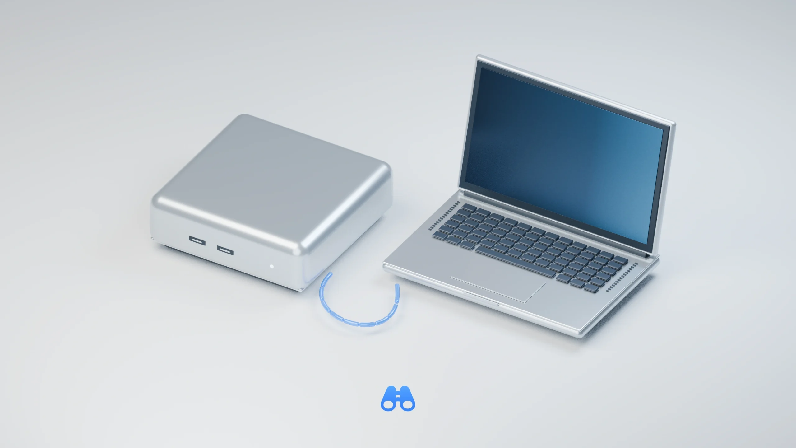 An unbranded silver compact desktop and laptop are associated by a segmented conceptual blue network path, with the authentic blue MacDigest binocular mark below.