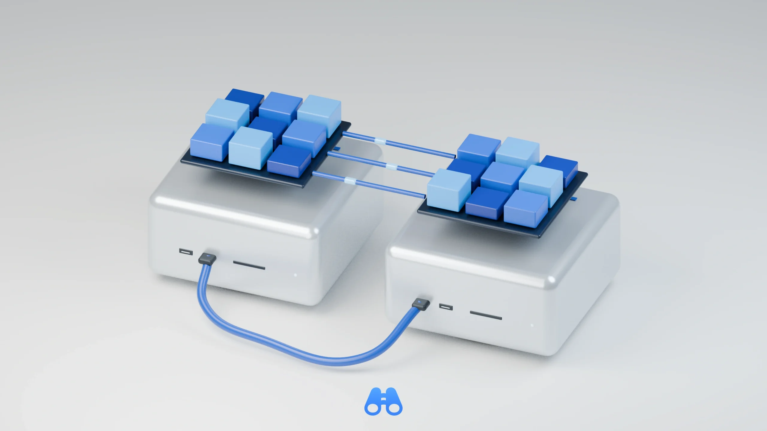 Conceptual illustration of two generic silver desktop computers joined by a blue cable. Symbolic blue tile banks sit above them, connected by three short blue links. The blue MacDigest binocular mark sits below.