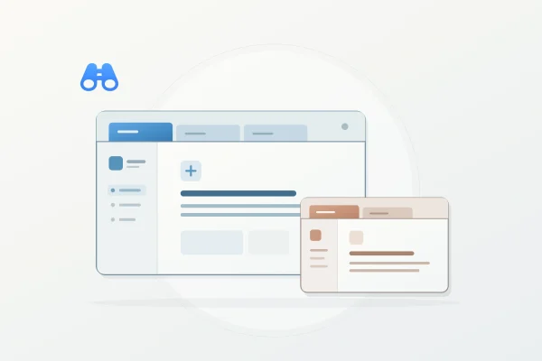 Two overlapping desktop windows have separate colored tab strips and sidebars: blue on the larger window and terracotta on the smaller one. The blue MacDigest binocular mark appears at upper left.