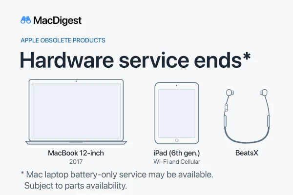 MacDigest graphic with original outline illustrations of a 2017 12-inch MacBook, sixth-generation iPad and BeatsX. The headline reads “Hardware service ends,” with a note that Mac laptop battery-only service may be available, subject to parts availability.