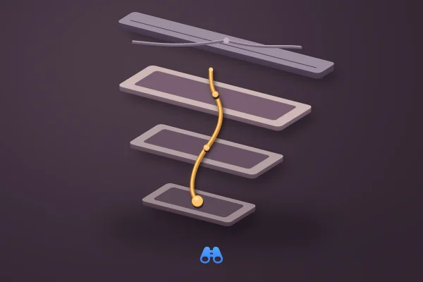 On a dark plum background, a warm golden strand climbs through three open, stone-like directory terraces and ends below a broad upper ledge. Two muted paths converge at that ledge. A small blue MacDigest binocular mark sits beneath the sculpture.