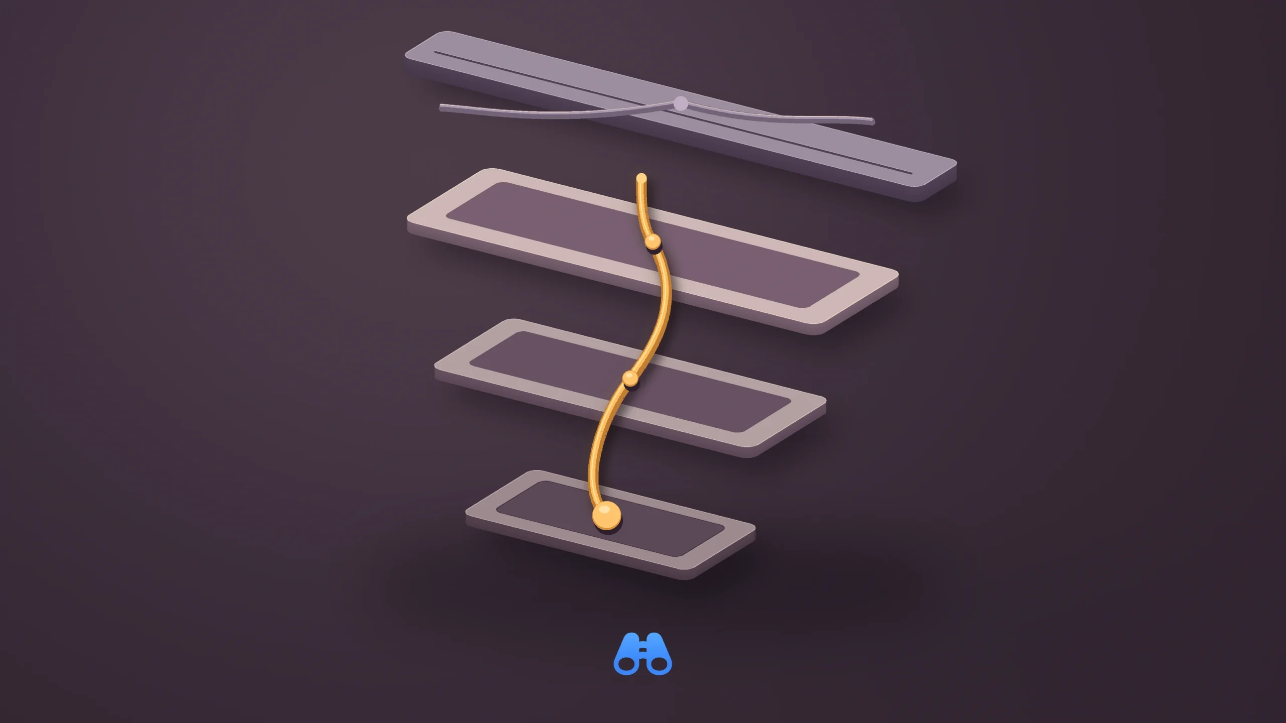 On a dark plum background, a warm golden strand climbs through three open, stone-like directory terraces and ends below a broad upper ledge. Two muted paths converge at that ledge. A small blue MacDigest binocular mark sits beneath the sculpture.