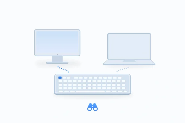 A blank-key keyboard below a desktop monitor and laptop, with separate dotted blue pairing paths and the blue MacDigest binocular mark.