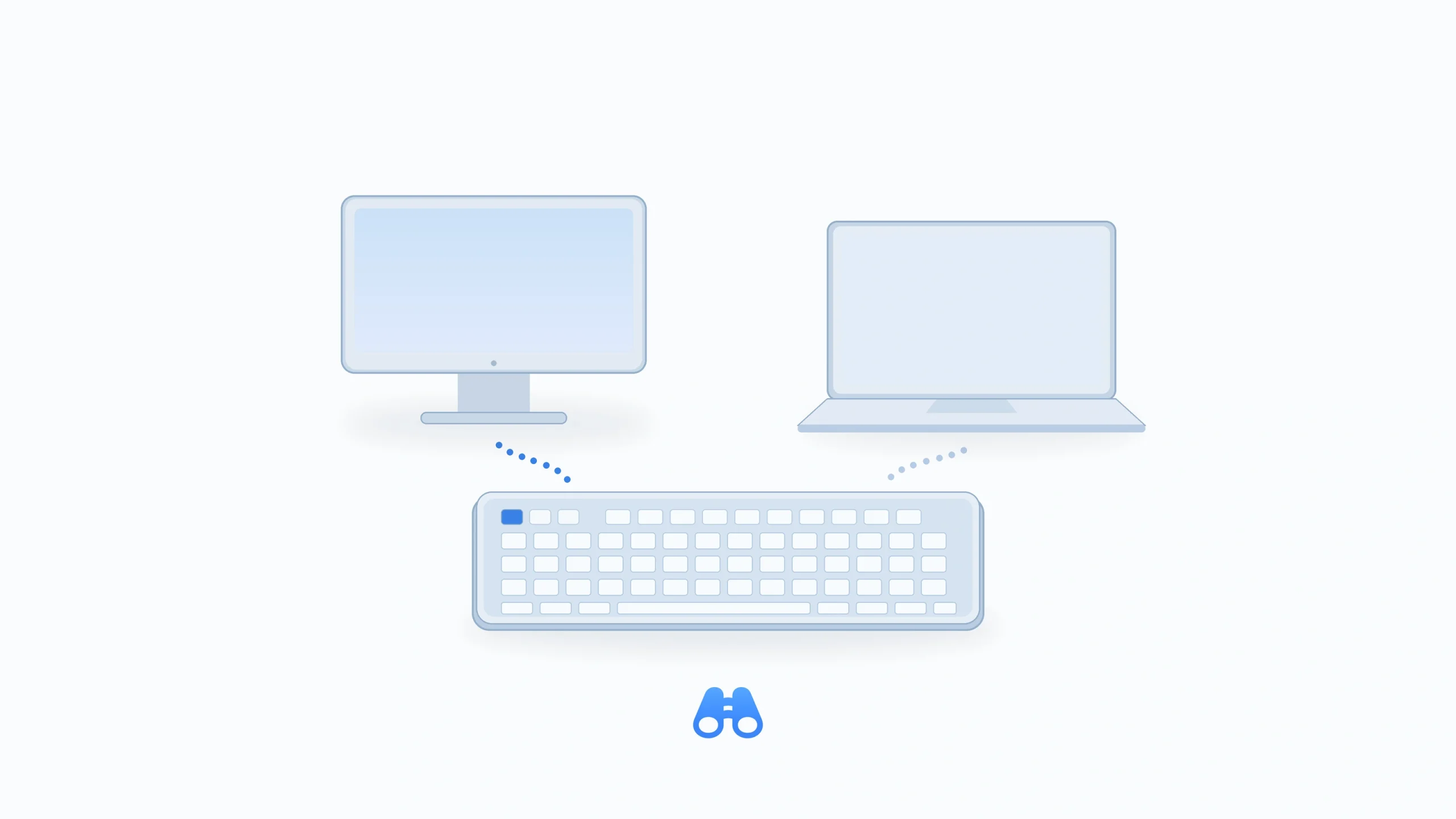 A blank-key keyboard below a desktop monitor and laptop, with separate dotted blue pairing paths and the blue MacDigest binocular mark.