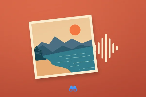 On a terracotta background, a tilted cream-bordered illustration shows a sun above blue coastal hills, water and a sandy shore. Seven cream sound-wave bars extend to its right. The blue MacDigest binocular symbol sits below.