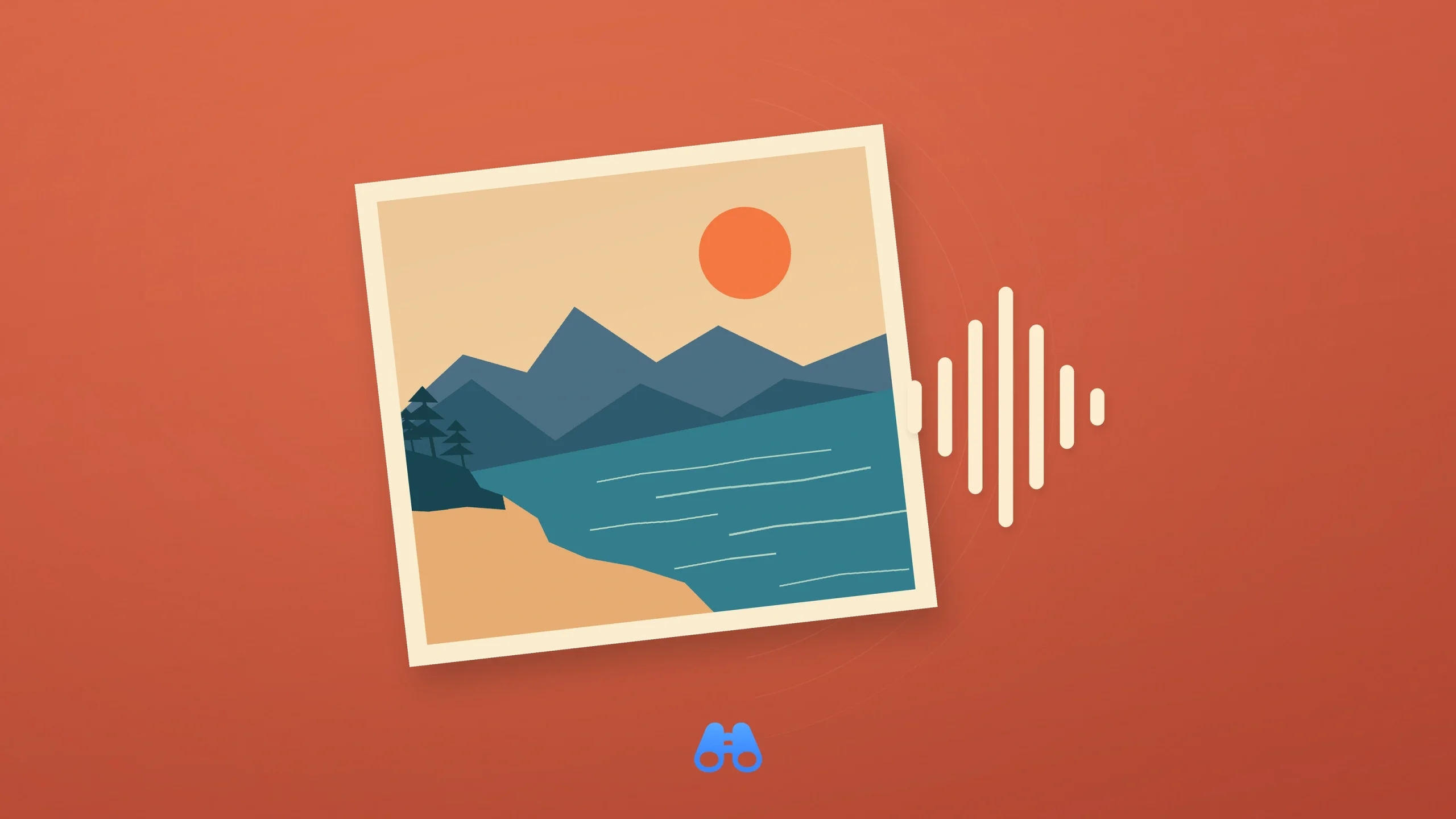 On a terracotta background, a tilted cream-bordered illustration shows a sun above blue coastal hills, water and a sandy shore. Seven cream sound-wave bars extend to its right. The blue MacDigest binocular symbol sits below.