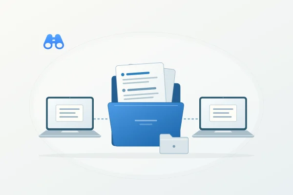 Two laptop illustrations flank a blue folder holding transcript-like pages. A smaller pale folder sits in front, and the blue MacDigest binocular mark appears at upper left.