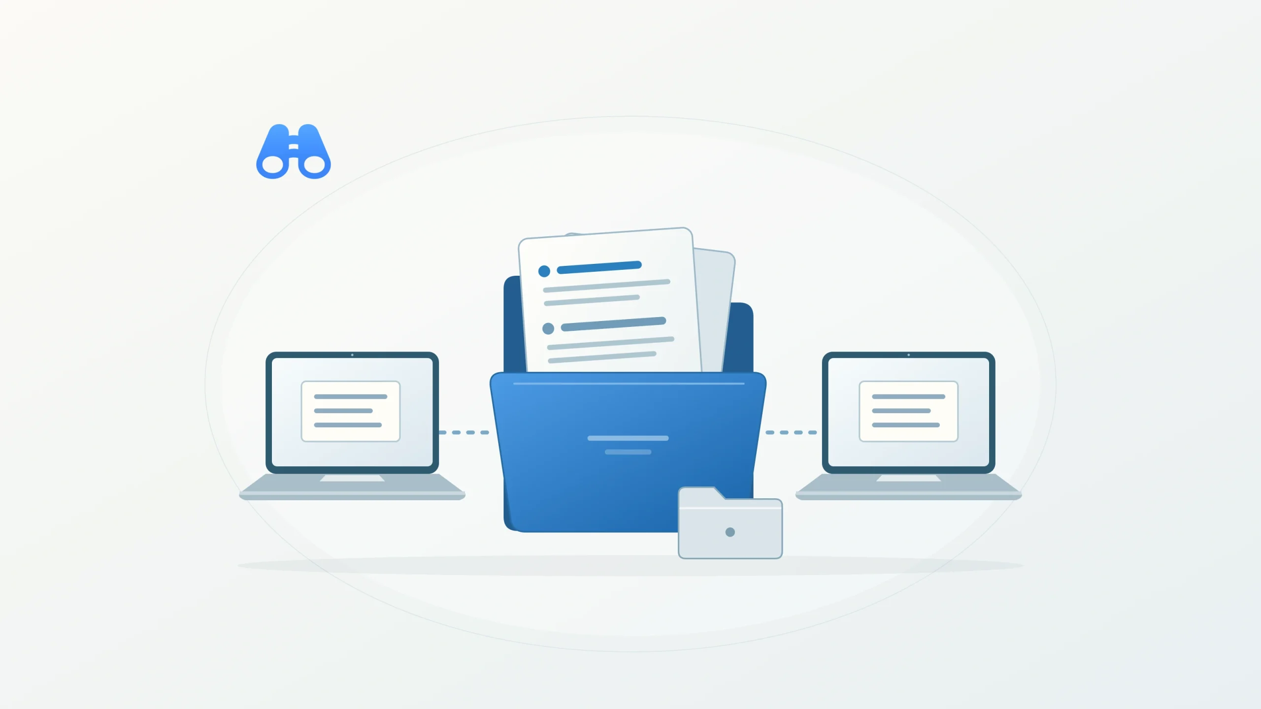 Two laptop illustrations flank a blue folder holding transcript-like pages. A smaller pale folder sits in front, and the blue MacDigest binocular mark appears at upper left.