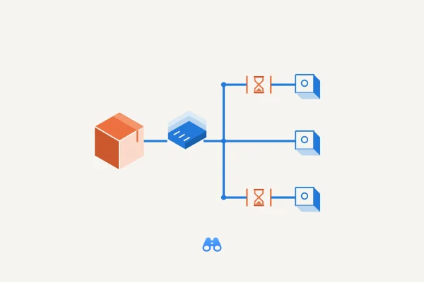 Text-free conceptual illustration on an off-white background. An orange package connects to a stack of blue compiler plates, then a blue fork leads to three abstract target ports. Two routes contain orange hourglasses between short local step-boundary bars, while the middle route does not. The authentic blue MacDigest binocular symbol appears underneath. These are illustrative paths, not a literal platform matrix or measured performance chart.