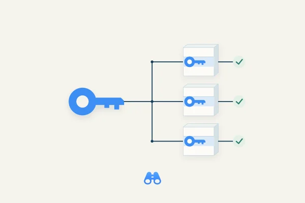 Text-free illustration on a warm off-white background. One large blue key branches along a dark line to three stylized server blocks. Each block contains a matching blue key in its authentication slot and has a green check at the end of its connection path. The authentic blue MacDigest binocular symbol sits below.