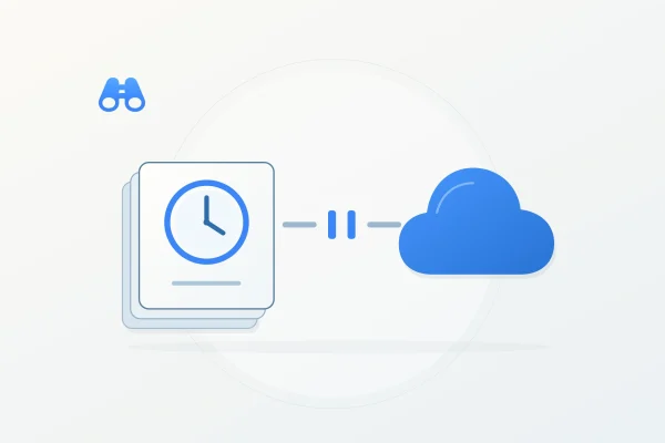 A stack of pale cards with a blue clock faces a blue cloud across a broken path with two pause bars. The blue MacDigest binocular mark sits at upper left.