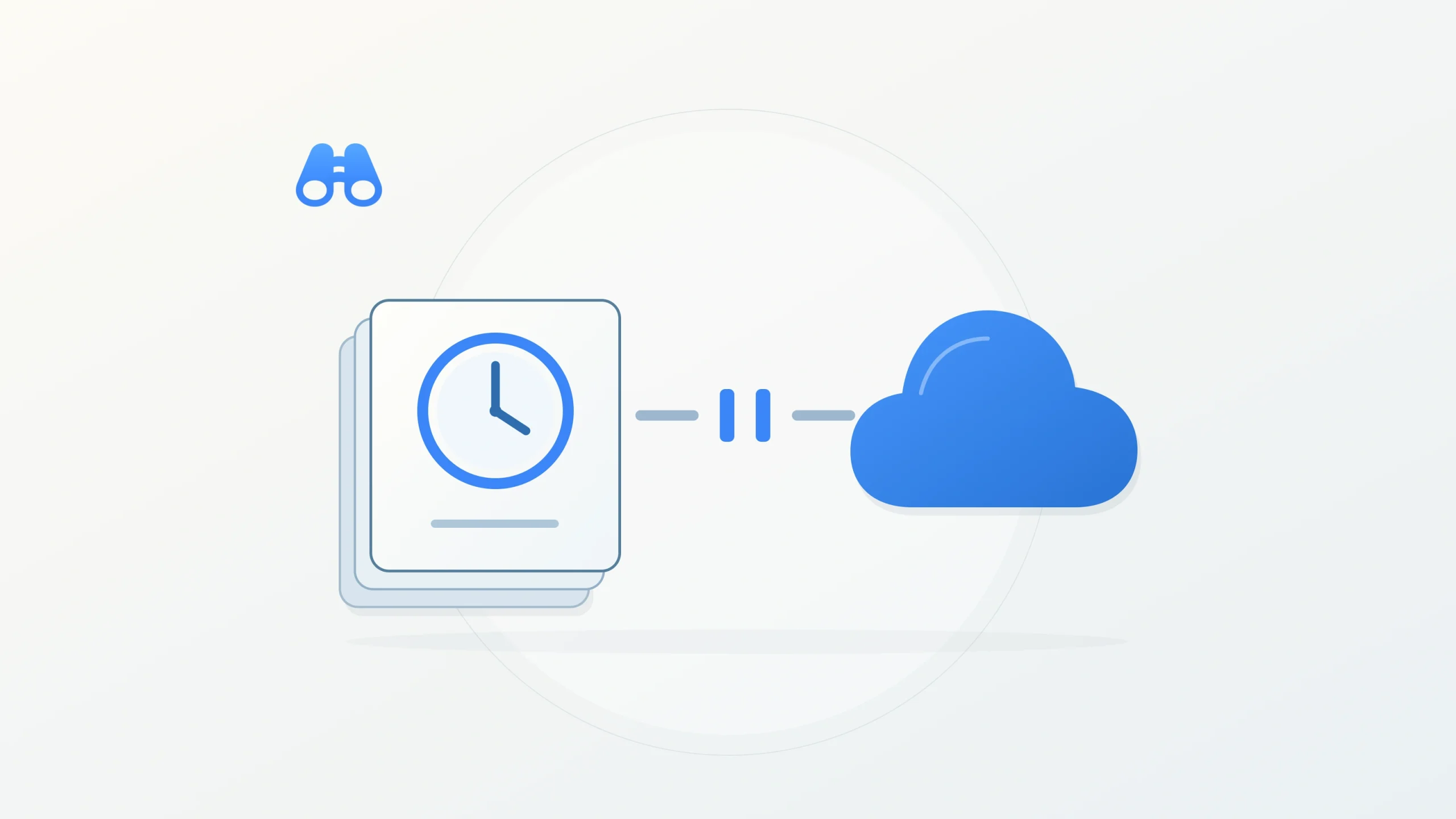 A stack of pale cards with a blue clock faces a blue cloud across a broken path with two pause bars. The blue MacDigest binocular mark sits at upper left.
