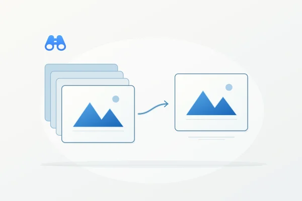 A stack of overlapping image planes feeds one separate image plane through a curved blue arrow. Both show matching blue geometric scenery. The blue MacDigest binocular mark appears at upper left.