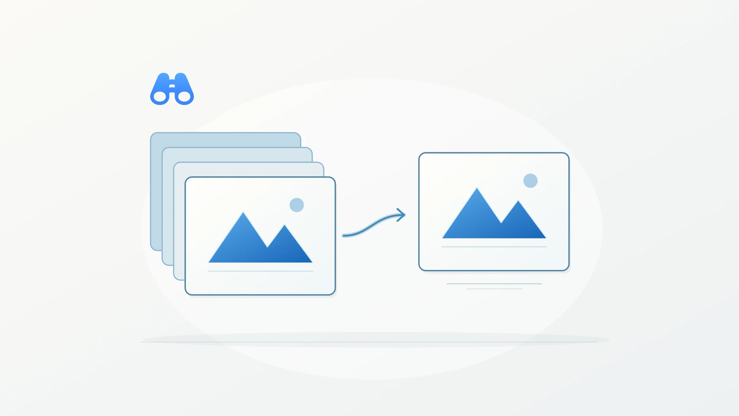 A stack of overlapping image planes feeds one separate image plane through a curved blue arrow. Both show matching blue geometric scenery. The blue MacDigest binocular mark appears at upper left.