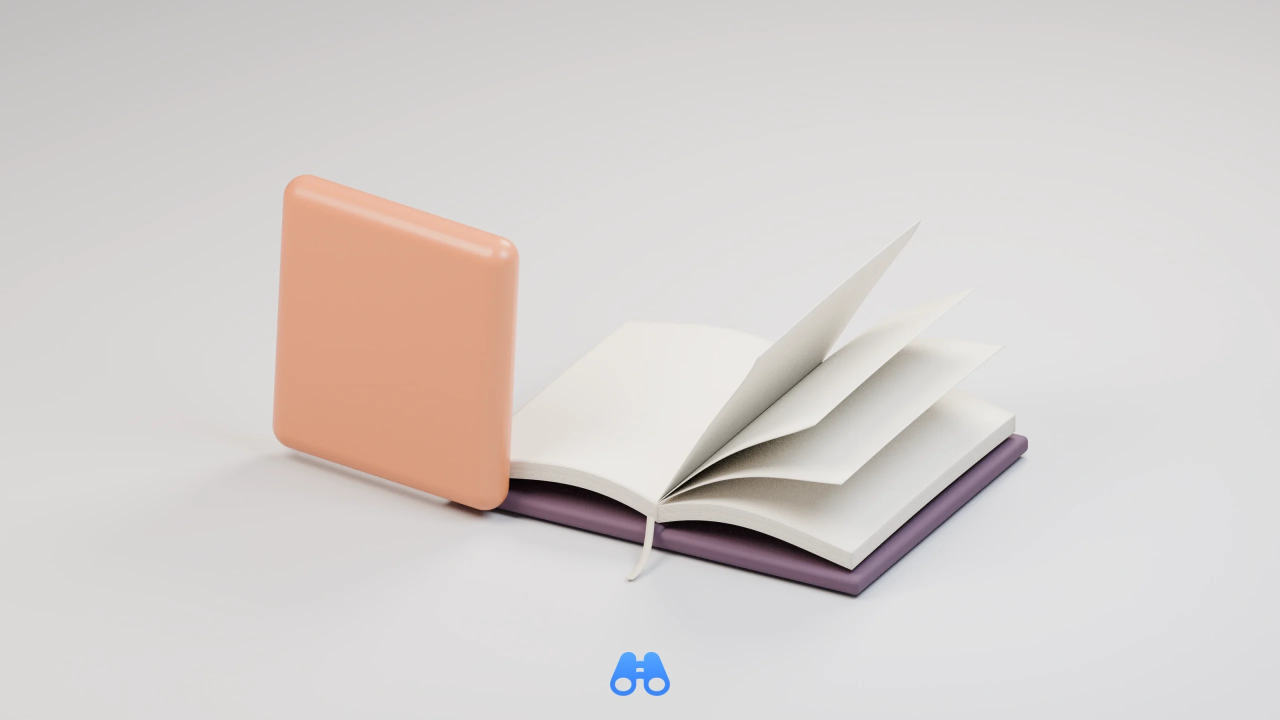 An apricot, rounded-square ceramic tile stands beside an open catalogue with blank ivory pages, a dark plum cover and a slim ribbon bookmark. Several leaves rise from the binding. A small blue MacDigest binocular symbol sits below.