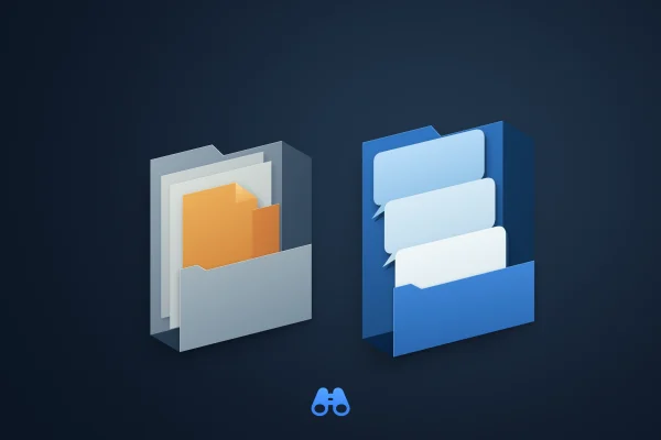 Text-free illustration on a dark navy background. Two separate sculptural file folders sit side by side. Amber edited pages remain in the stone-gray folder on the left; a single layered sequence of pale blue speech shapes sits in the blue folder on the right. The authentic blue MacDigest binocular symbol appears below.