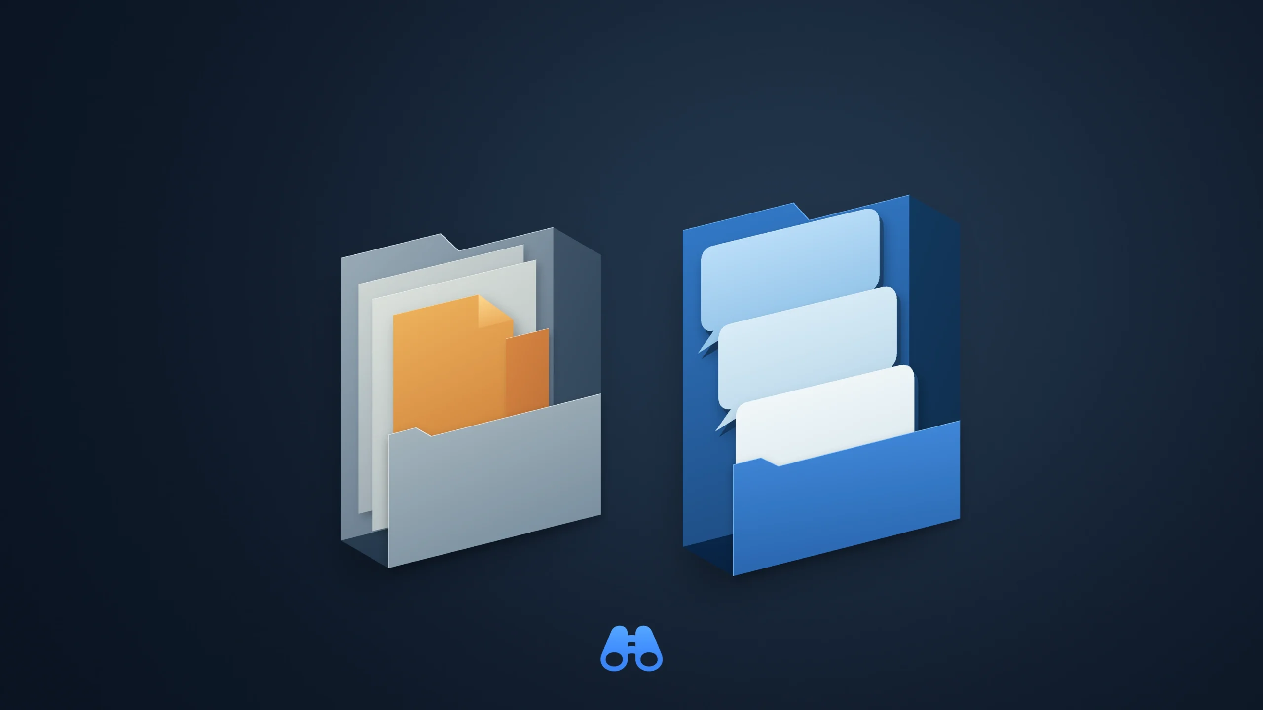 Text-free illustration on a dark navy background. Two separate sculptural file folders sit side by side. Amber edited pages remain in the stone-gray folder on the left; a single layered sequence of pale blue speech shapes sits in the blue folder on the right. The authentic blue MacDigest binocular symbol appears below.