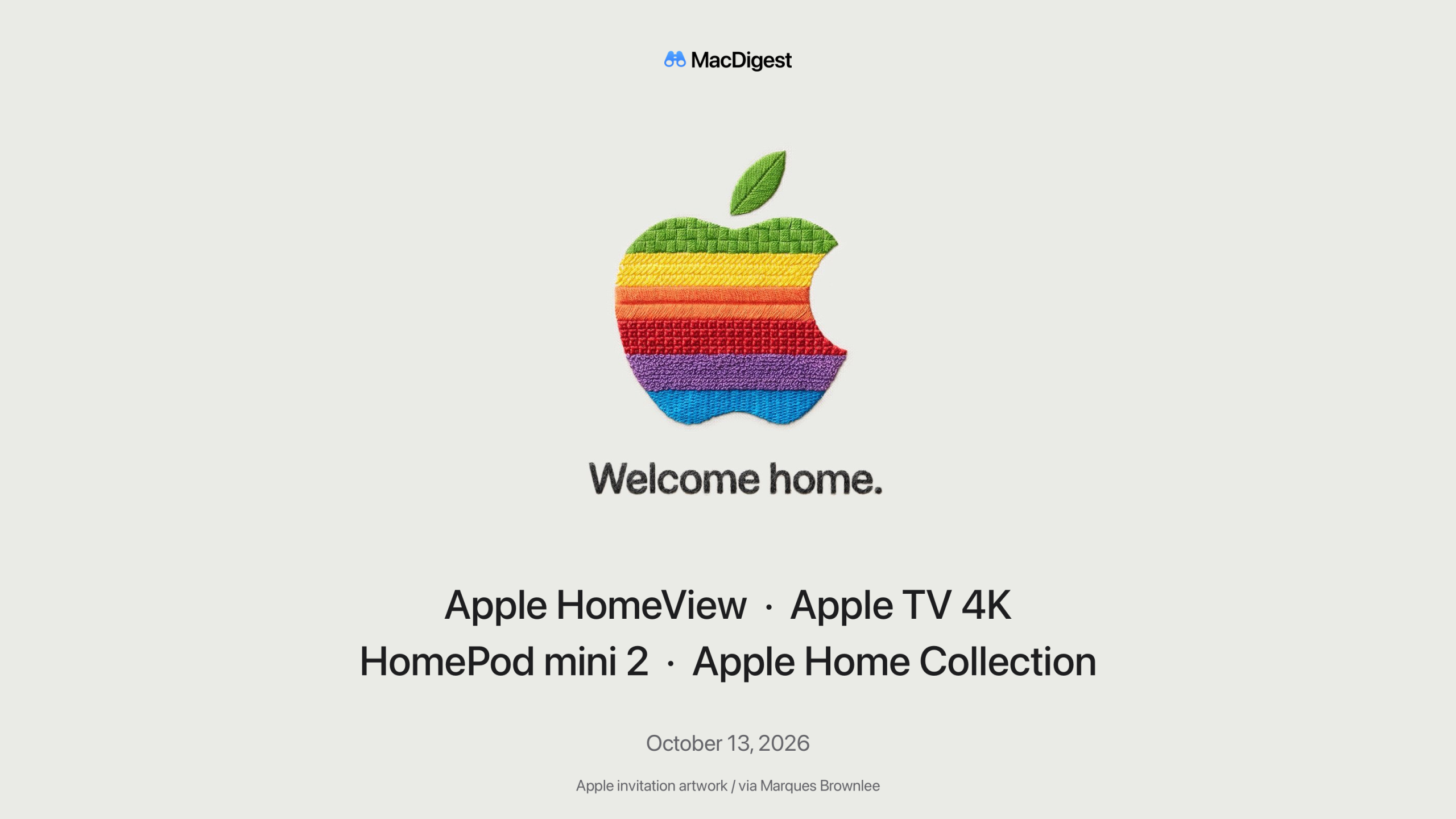 Apple’s Welcome home invitation with the names Apple HomeView, Apple TV 4K, HomePod mini 2 and Apple Home Collection.