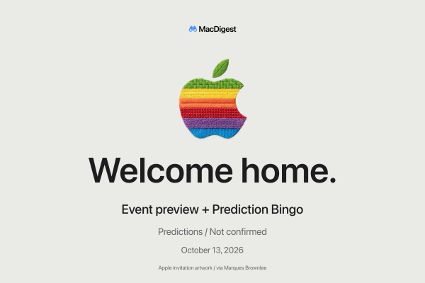 The knitted rainbow Apple mark from the Welcome home invitation above MacDigest’s event preview and Prediction Bingo, dated October 13, 2026. Predictions, not confirmed.