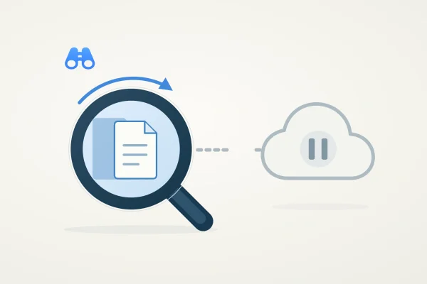 A blue magnifying glass surrounds document shapes on the left. A muted cloud with a pause symbol sits on the right, separated by a broken dashed connection. The blue MacDigest binocular mark appears at upper left.