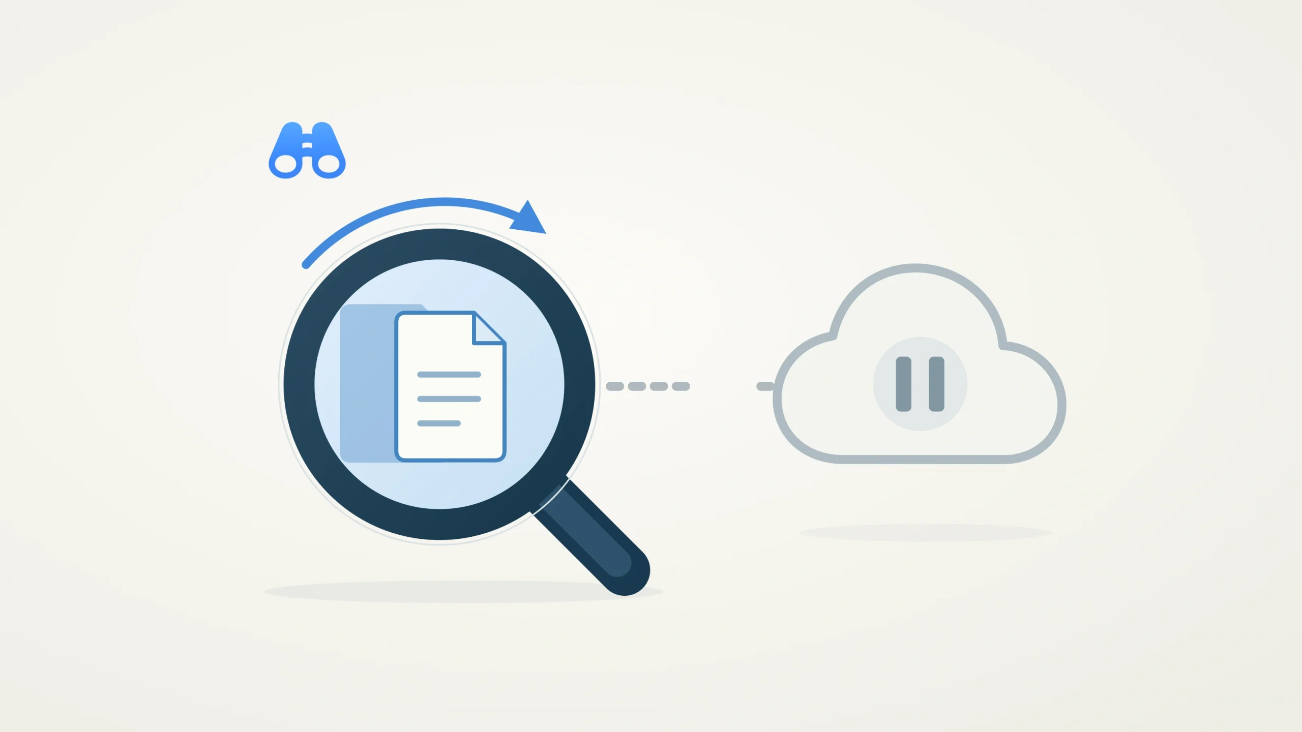 A blue magnifying glass surrounds document shapes on the left. A muted cloud with a pause symbol sits on the right, separated by a broken dashed connection. The blue MacDigest binocular mark appears at upper left.