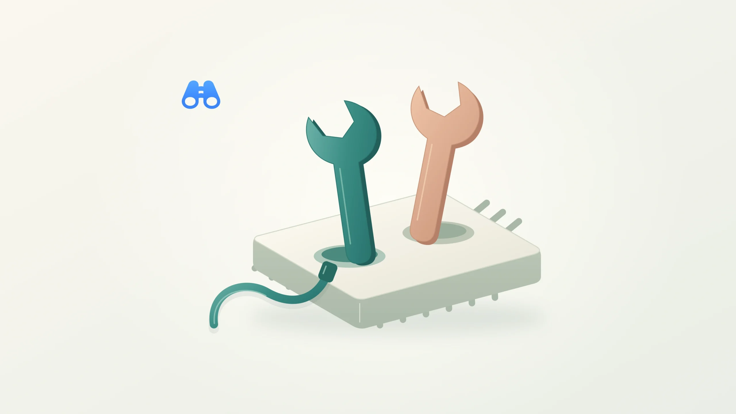Two sculptural wrenches stand on an ivory semiconductor platform. A teal cable connects to one tool, while the peach tool remains available. A small blue MacDigest binocular mark sits above left.