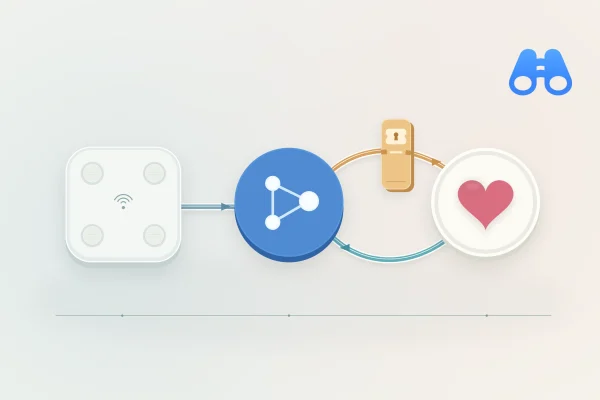 A generic scale sends data to a blue app node. A gold gate crosses the outgoing route to a heart-marked health node; a separate return route is unobstructed. The blue MacDigest binocular mark appears at upper right.